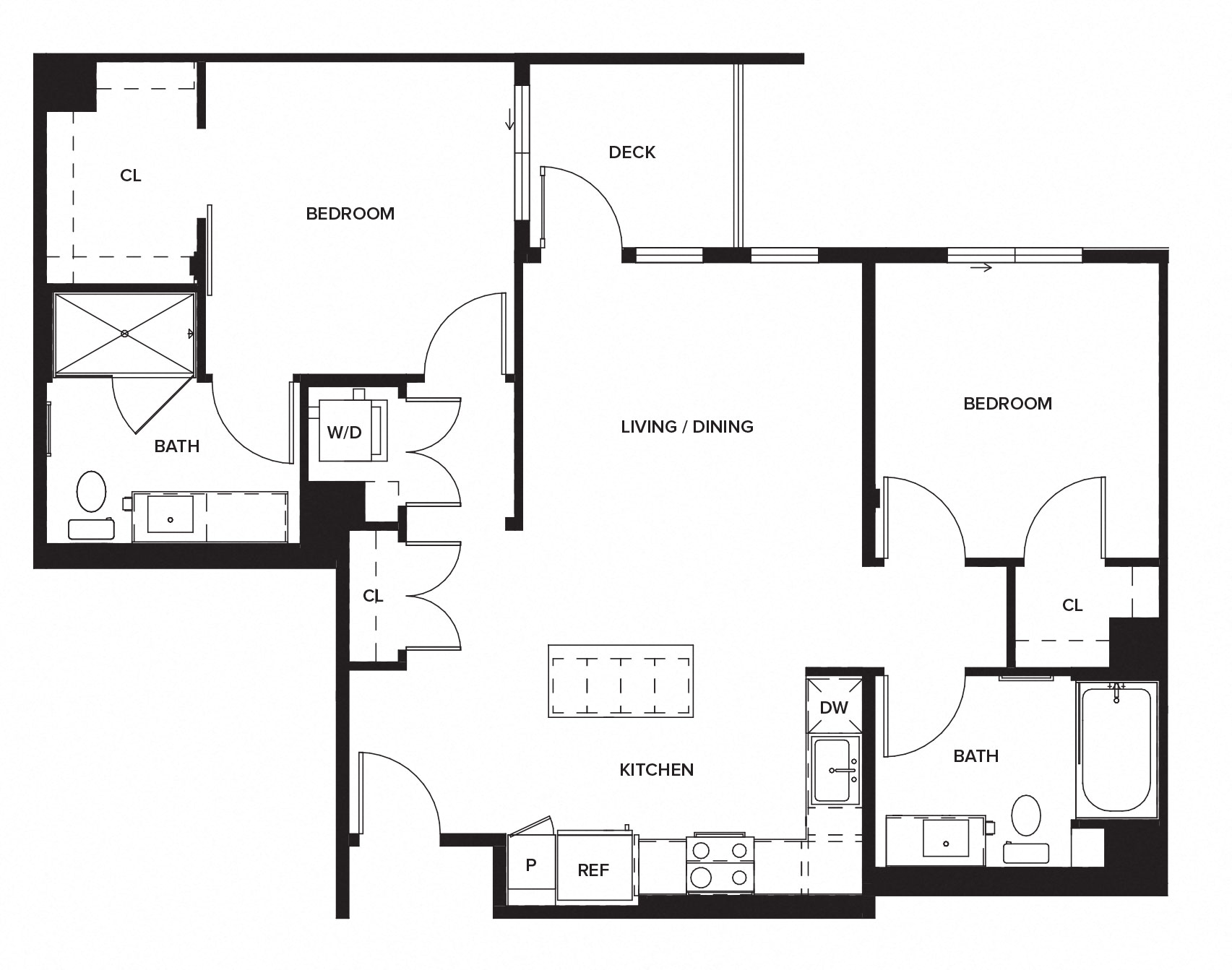 Floor plan for 2 beds, 2 baths, 998 sqft